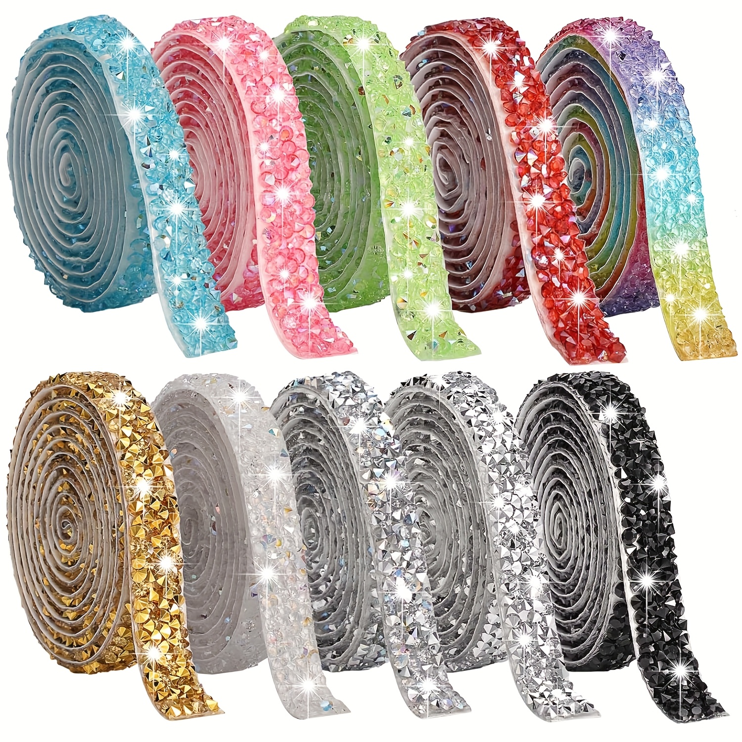 TEMU 10 Rolls Rhinestone Ribbon, Self-adhesive Bedazzling Strips With Crystal Gem Mixed Color Stickers Tape Roll For Crafts, Phone Cases, Furniture,