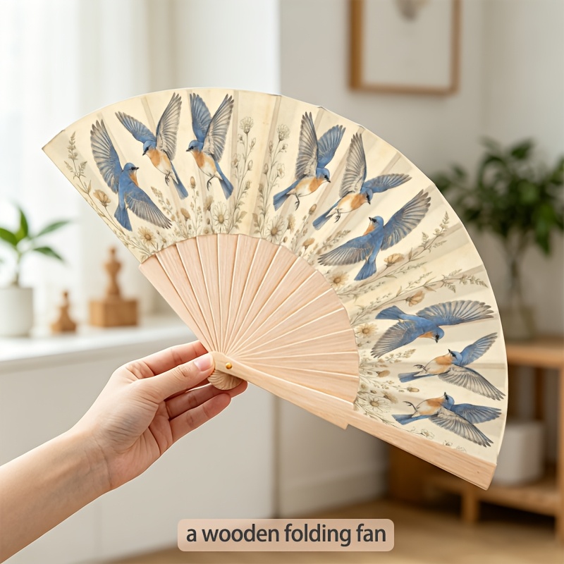 TEMU [23cm Wooden Folding Fan] Lightweight Durable Folding Fan, Convenient Style With Birds And Wild Chrysanthemum Hand-painted Pattern, Daily
