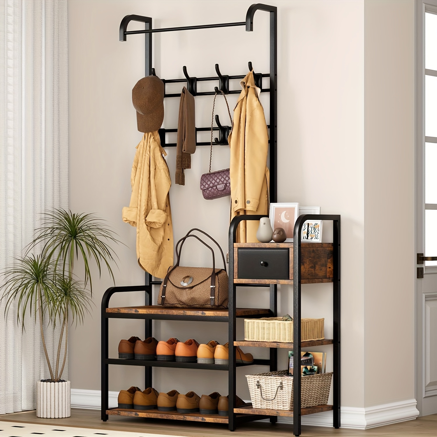 Image of Hall Tree With Shoe Bench, Entryway Coat Rack With Shoe Storage Shelves, Entryway Organizer With 8 Hooks, Wooden Industrial Metal Frame, Clothes Rack Stand Organizer For Bedroom, Hallway, 5in 1