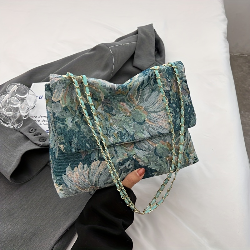 

Floral Shoulder Bag For Women, Summer Fashion Casual Vintage Crossbody Bag, Trendy Small Square Purse With Chain Strap