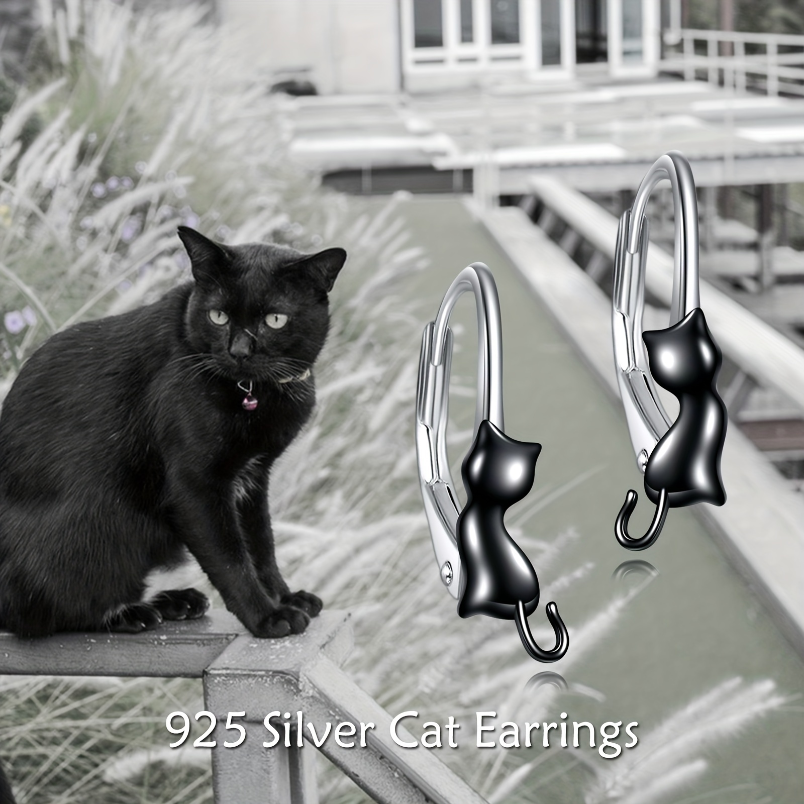 Sterling Silver Cat Hoop Dangle Earrings