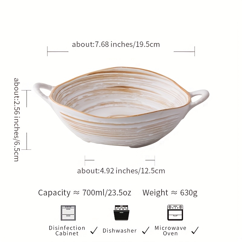 A Vintage Double-Handled Bowl, 19.05 cm, Irregular Ceramic Design, Creative Uniquely Shaped Salad Bowl, Japanese Retro Noodle Bowl, Same Style As Used in Restaurants