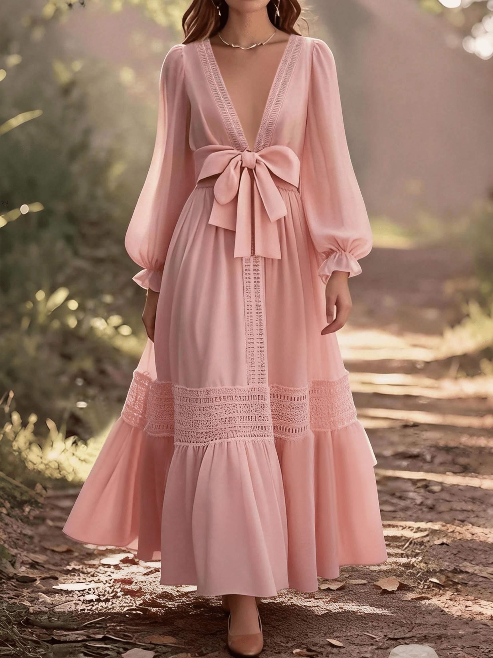 Elegant V-Neck Maxi Dress - Solid Color Long Sleeve -Length Dress Suitable  for Weddings, Parties,, Church Events | Machine Washable Non-Stretch Blouse  Elegant * Dress for Spring Summer Fall