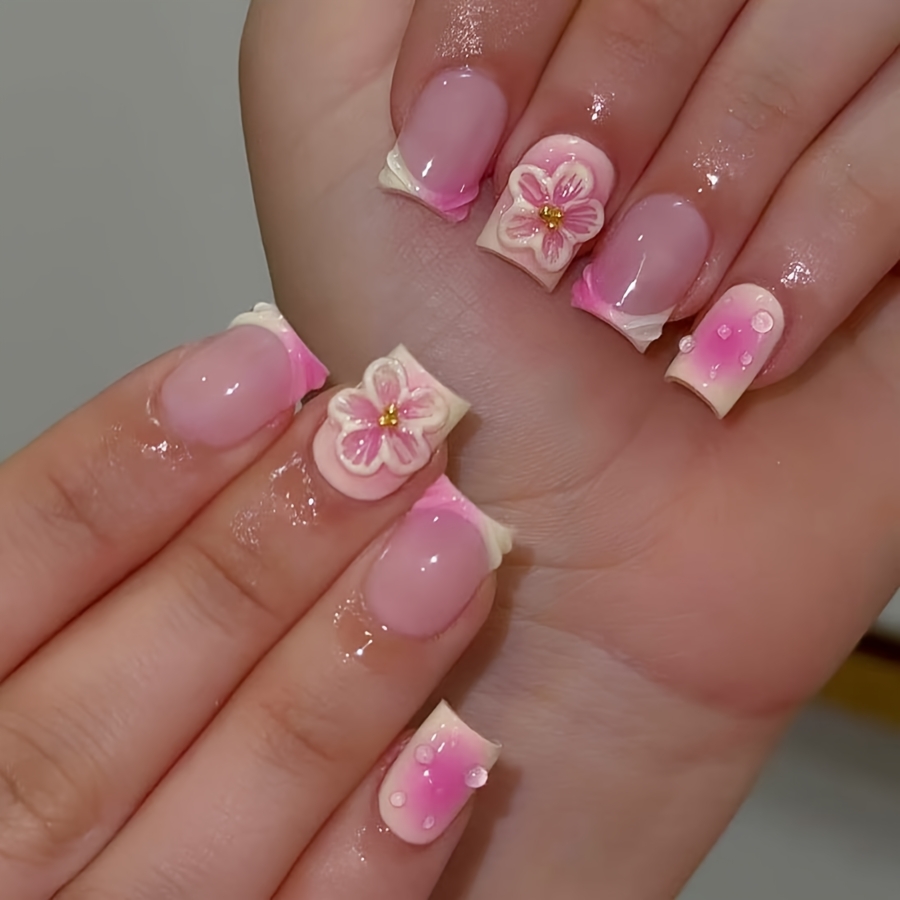 Image of 24pcs 3d Three-dimensional Pink White Flower Water Square Armour European And Core Gradient Pink White Wearing Armour Jelly Glue And Rubbing Strips