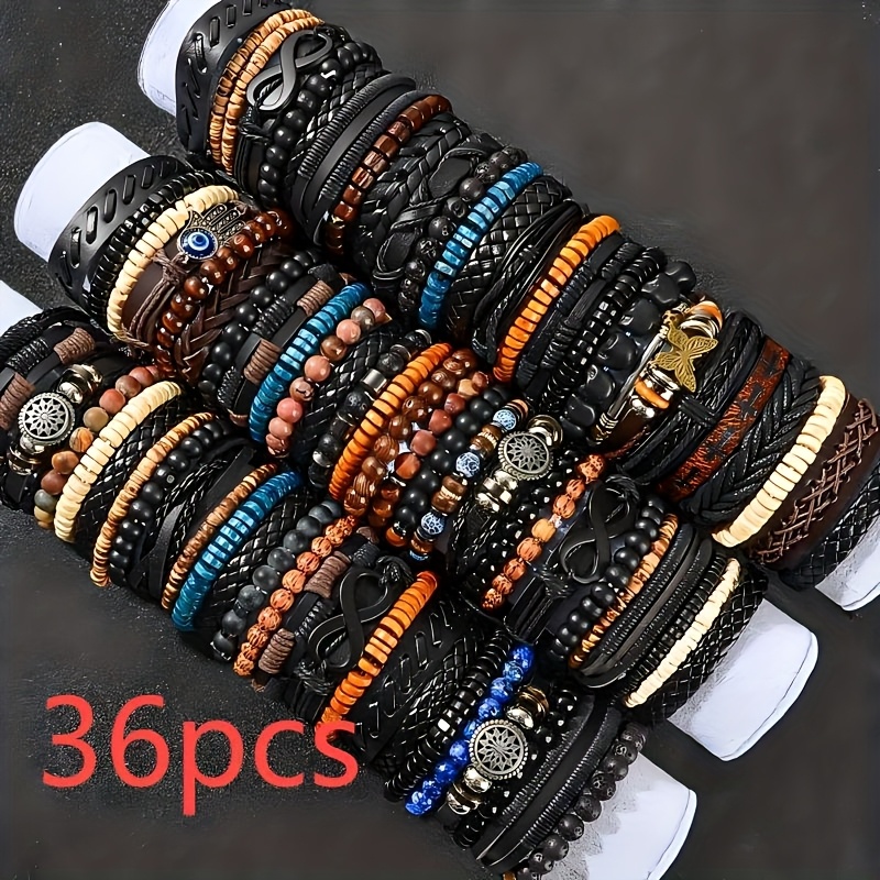 E-shop 18/36er Set Herrenarmbänder mit Holzperlen und PU-Leder Kombination, Herrenarmbänder, Vintage Bucharmbänder, Weihnachten