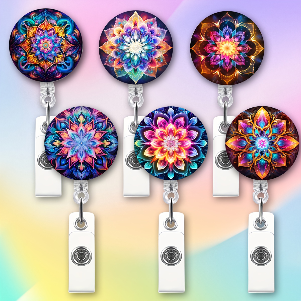 TEMU 2d 6pcs Mandala Lanyard Set With Retractable And Badge Holder - Colorful Acrylic Bead Anti-lost Keychain, Suitable For Students, Offices, Events