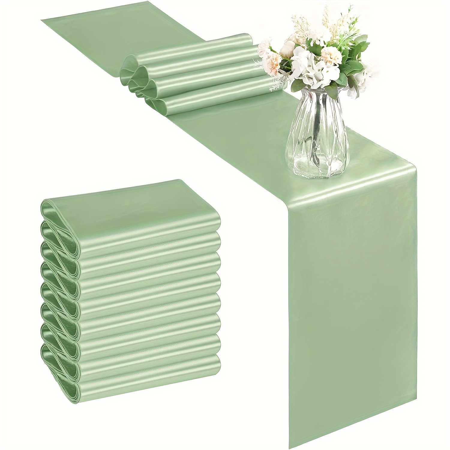 

8-pack Sage Green Satin Table Runners 12"x108" - Elegant Rectangle Table Decor For Parties, Birthdays, Graduations, And Engagements - Solid Color, Polyester Knit Fabric, Machine Washable