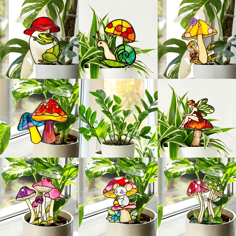 TEMU 【2d Flat】 [2d Flat] 8pcs Acrylic Potted Plant Mushroom Ornaments, Flowerpot Decorations Stained Glass Figurines