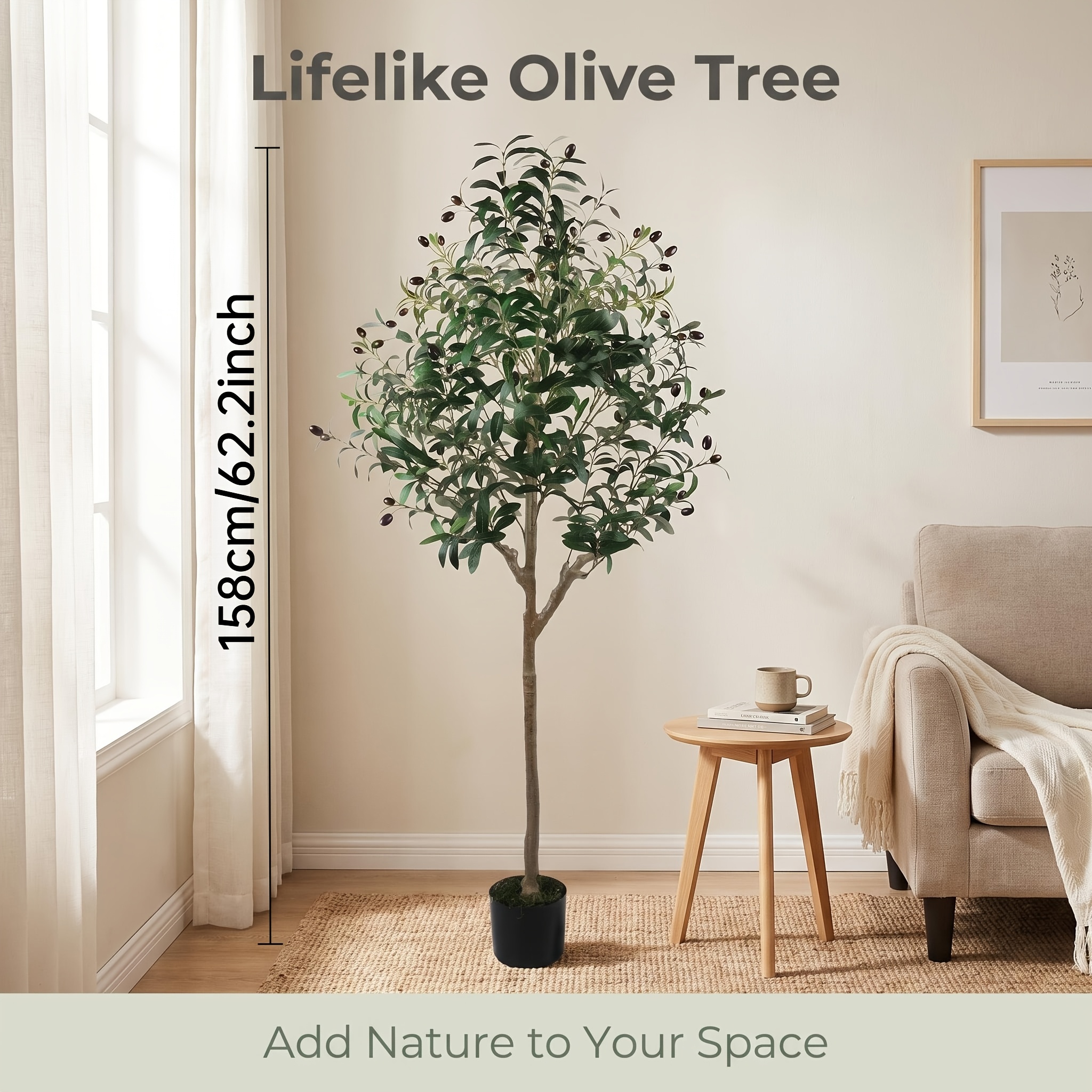 Image of 158cm/62.2inch Realistic Artificial Olive Tree, Potted Green Plant With Olive Fruits For Indoor Home & Shop Decoration(1pc)