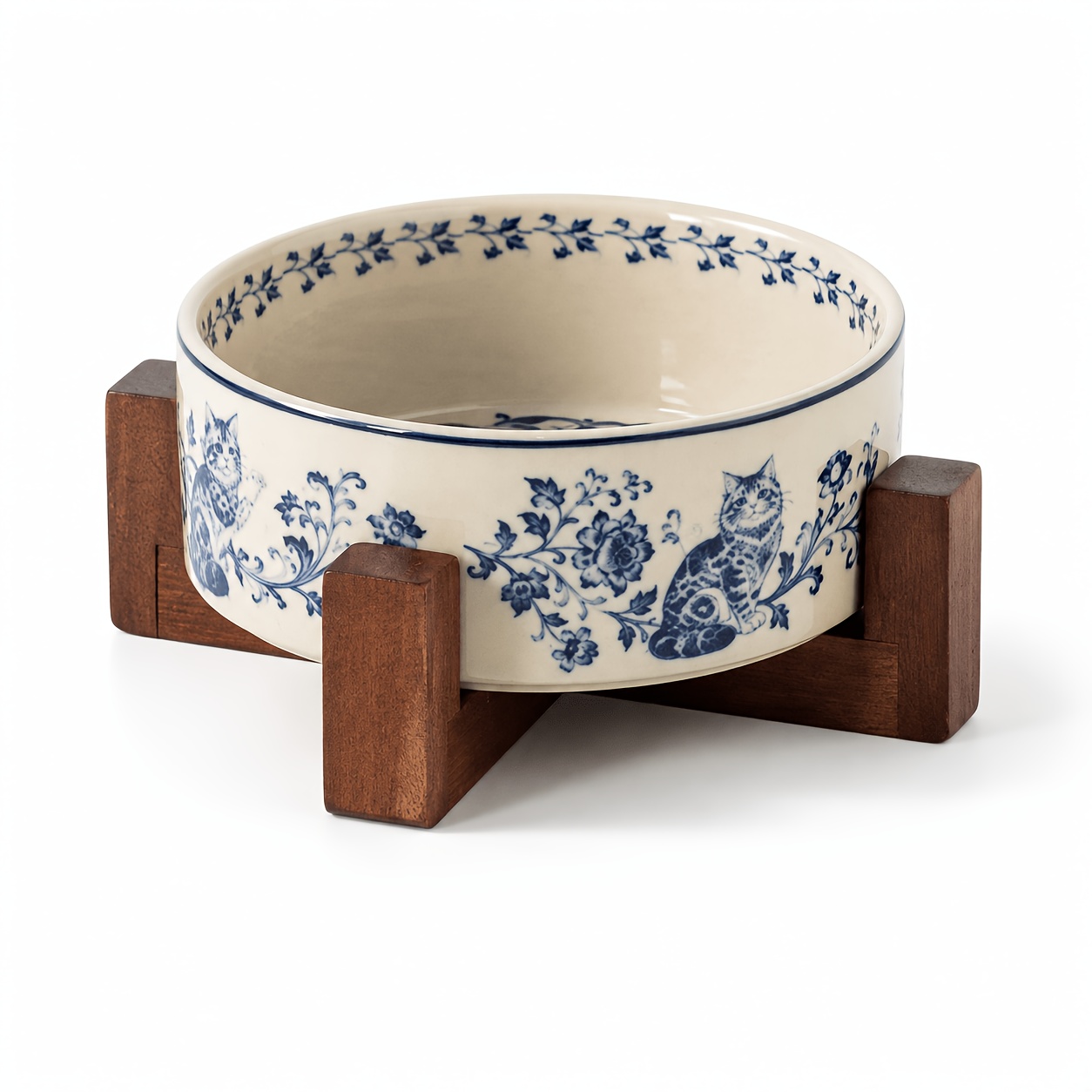 TEMU 400ml Vintage Blue-and-white Ceramic Cat Bowl With Removable Wooden Stand, Slightly Elevated Pet Food And Water Bowl, Smooth Glazed Feeding Dish