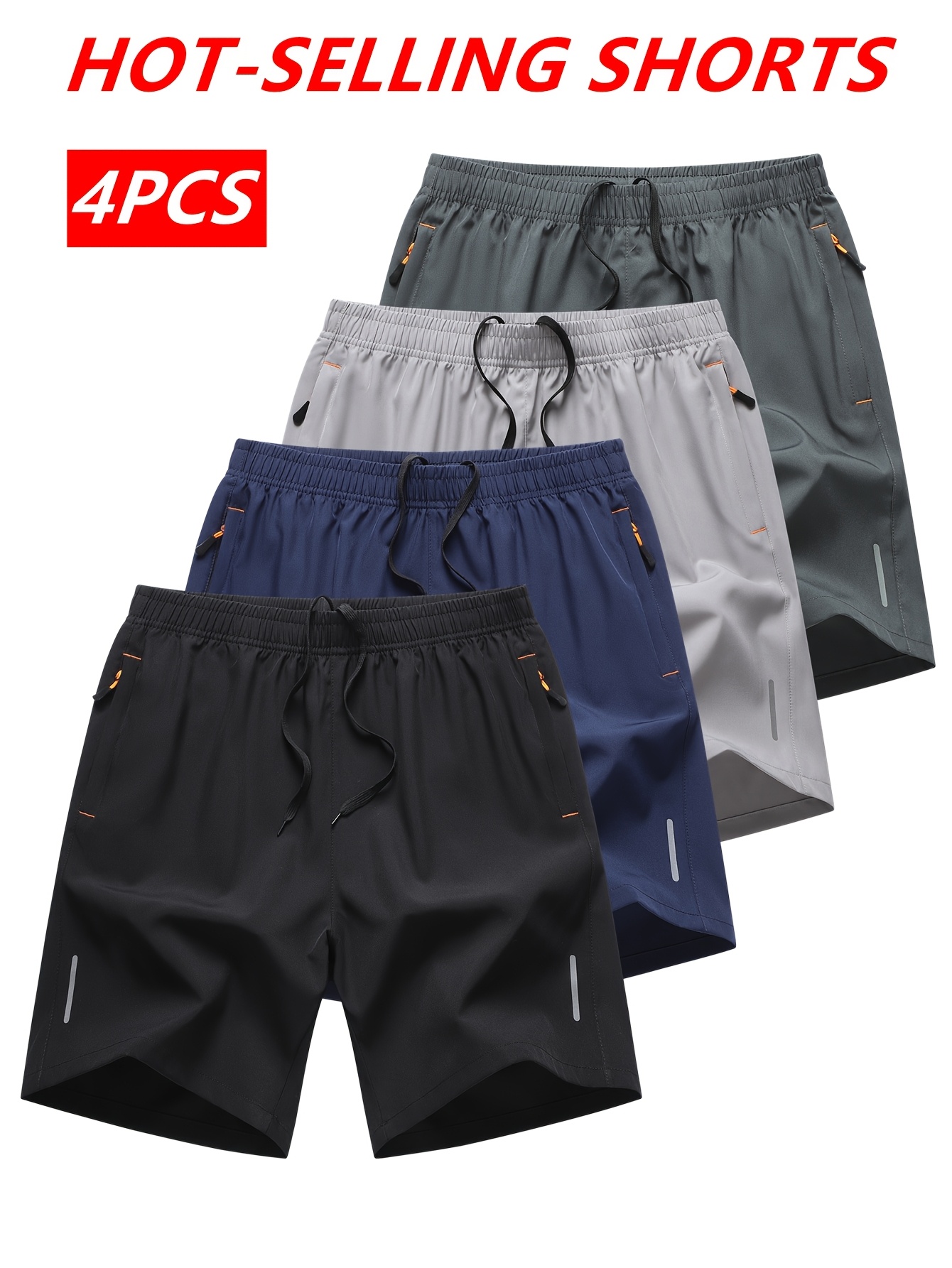 4pcs mens summer athletic shorts quick dry lightweight breathable fabric reinforced zipper pockets drawstring waist comfortable loose fit for running gym cycling basketball tennis outdoor sports beach party