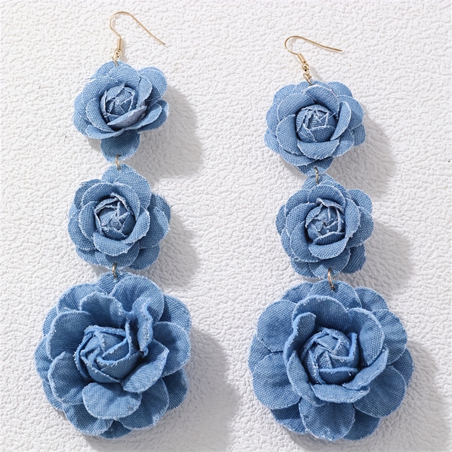 

Bohemian Style Blue Earrings - Polyester Fabric Flower Dangle Earrings, Stainless Steel Hooks, No Plating, Lightweight Long Tassel For Women, Daily And Vacation Wear - All Season Accessory