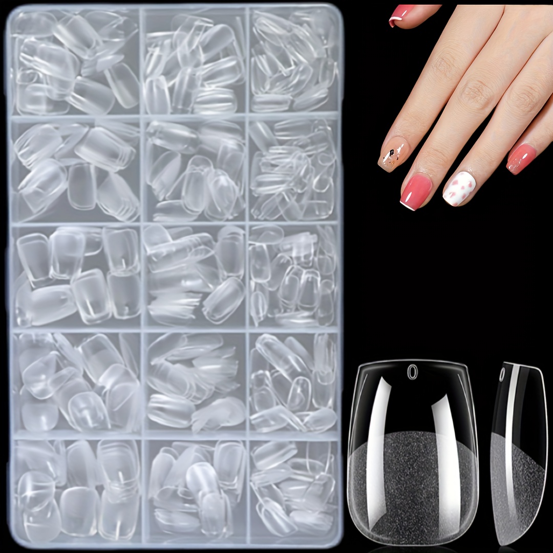 TEMU 600 uñas postizas de gel XXS tipo ataúd de cobertura total, 15 tamaños, puntas de uñas ultracortas - Uñas postizas de presión sin costuras,