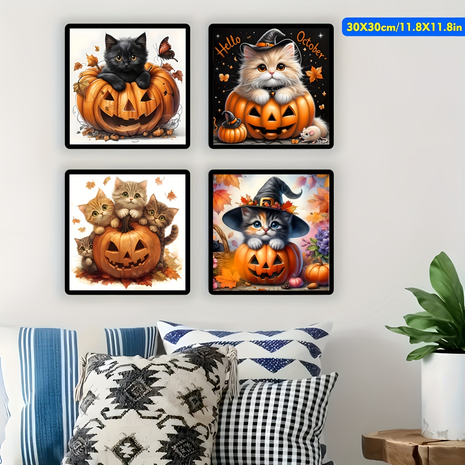 TEMU 4pcs Set, Pumpkin Cat Diamond Painting Diy , Diamond Painting Kit, Round Acrylic Diamonds, Unframed Diamond Painting Art, Diy 5d Diamond