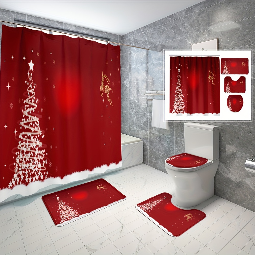 

Christmas Happy Cartoon Tree Bathroom Shower Curtain Set With Non-slip Flannel Bath Mats, Water-resistant Knit Polyester Fabric, Includes Hooks, Machine Washable, Multi-piece Bundle For Holiday Decor