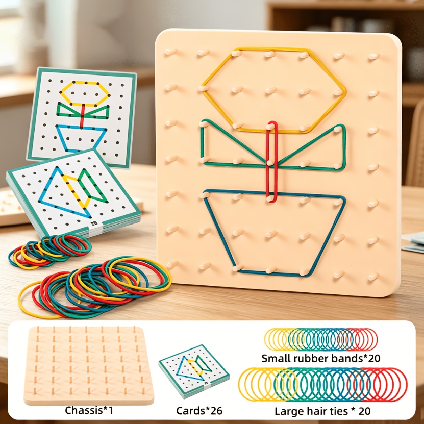 Image of Educational Rubber Band Pegboard Puzzle Toy, Shape Color Recognition Stem Game, Hand-eye Coordination Brain Training Fine Motor Skills Learning Toy (cards And Rubber Bands Included)
