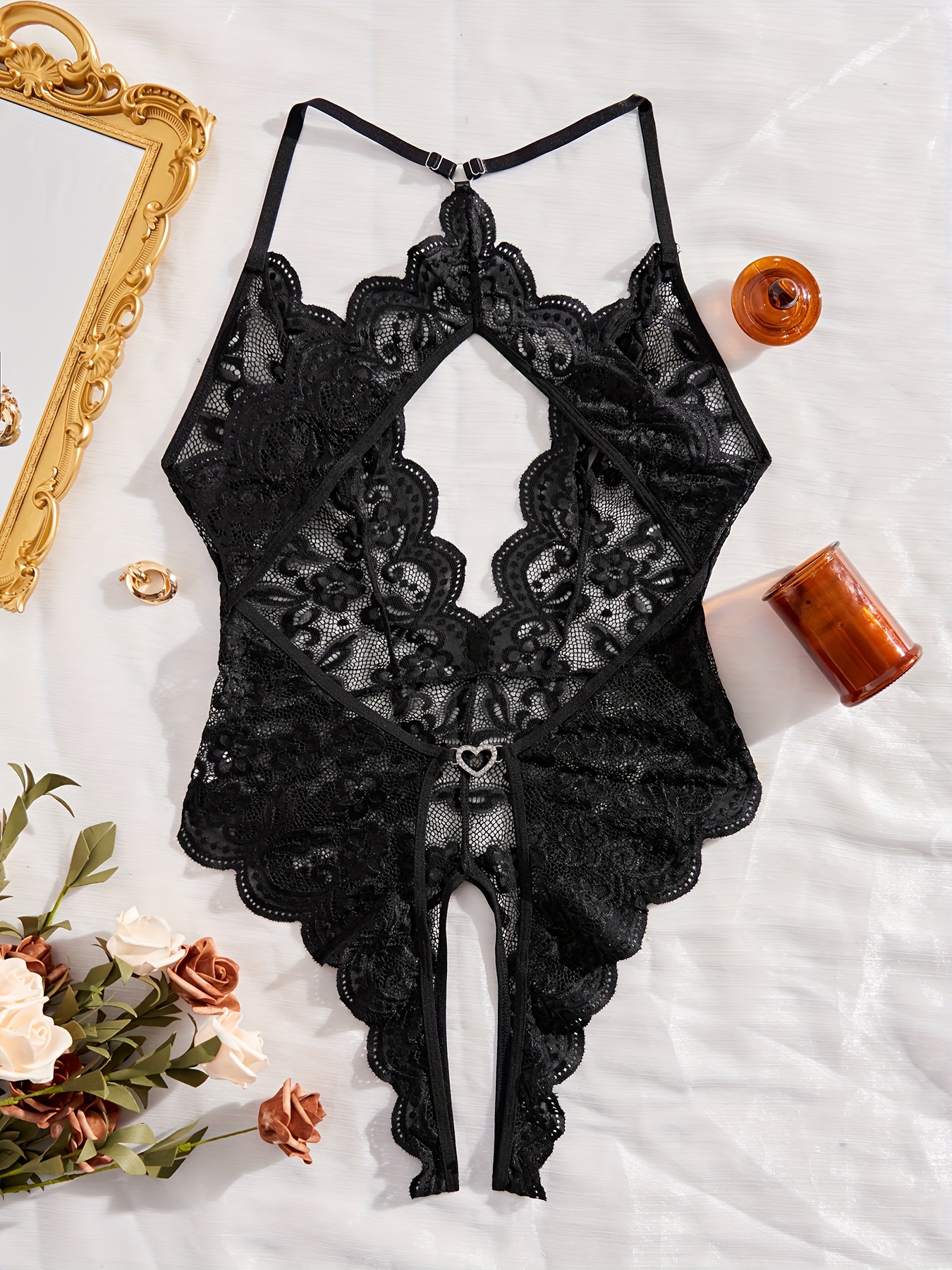 Floral Lace Scallop Trim Teddy Plunging Backless Heart Ring - Temu