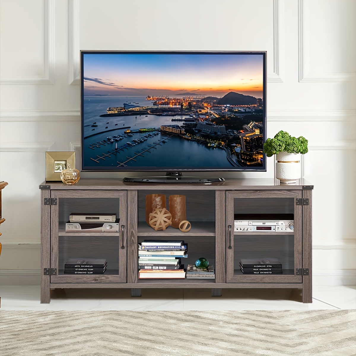 wooden tv stand entertainment center tvs deep taupe glass Temu