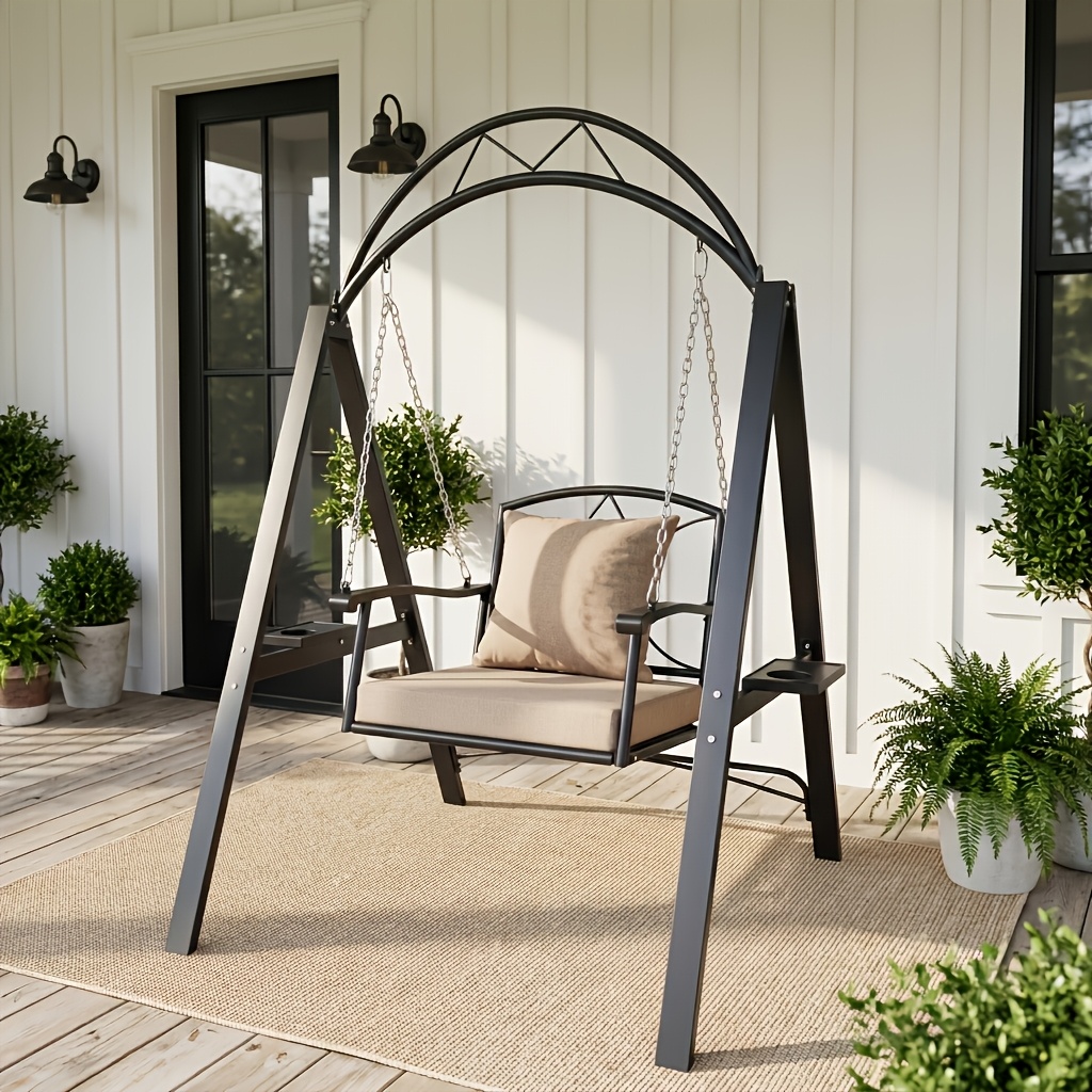 TEMU Freestanding Outdoor Porch Swing Chair With Stand, 350 Lbs Heavy-duty Metal Frame, Patio Swing With Removable Cushions, Armrests & Side Tables
