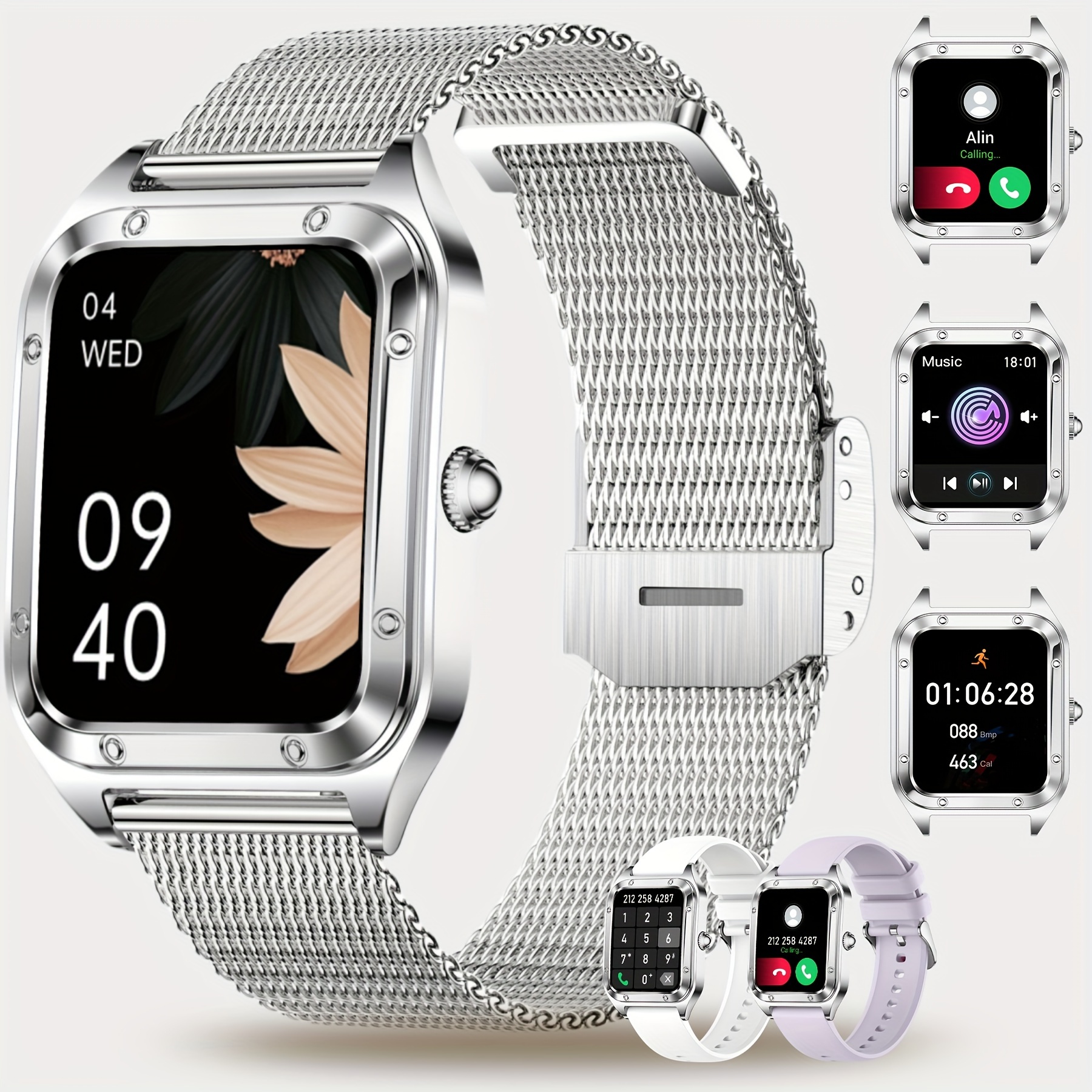 

Stylish Business Smart Watch Wireless Calling Music Monitoring, Message Reminder Multi Sport Mode Smart Watch (silvery Steel Strap + Mauve Silicone Strap + White Silicone Strap)
