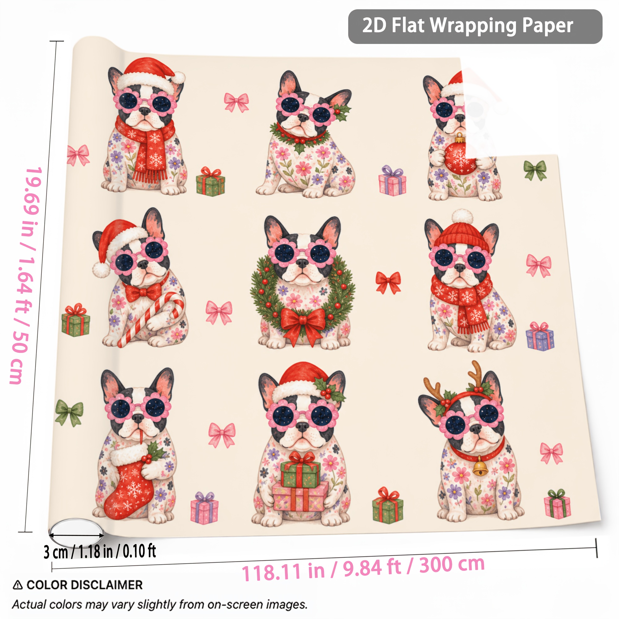 TEMU 1 Rouleau de de Noël 1,64ft X 9,84ft à Motif Bouledogue Français pour Emballage de Cadeaux, Fête d'Année, Nouvel An, Fête d'Anniversaire, Cadeau