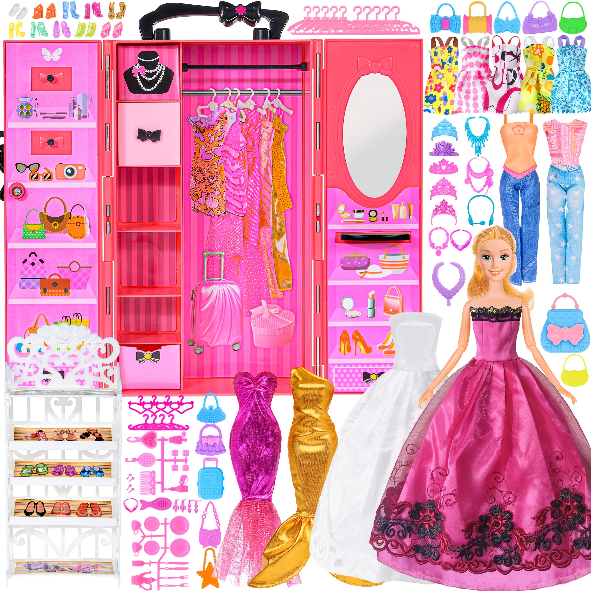 Image of 146pc Doll Closet Wardrobe Doll Clothes And Accessories For 11.5 Inch Doll Kit Girl Doll Dress Up Including Wedding Dress Outfits Shoes Hangers Bags Necklaces Stickers (no Doll)