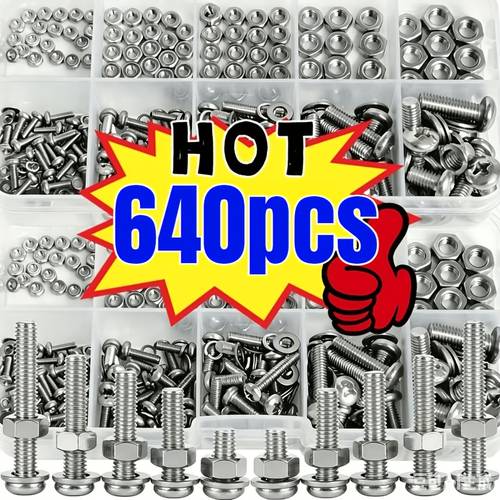 640pcs of 2 5 m4 m5 and nut set carbon steel screw set including flat washers and locking washers for home fixation maintenance