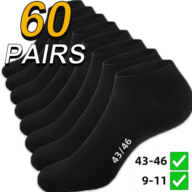TEMU 60-pair Men's Plus Size Black Socks 43-46 9-11 Cross-border Plus Size - Breathable Mesh, Comfortable Seamless, Polyester Blend, Knitted Fabric,