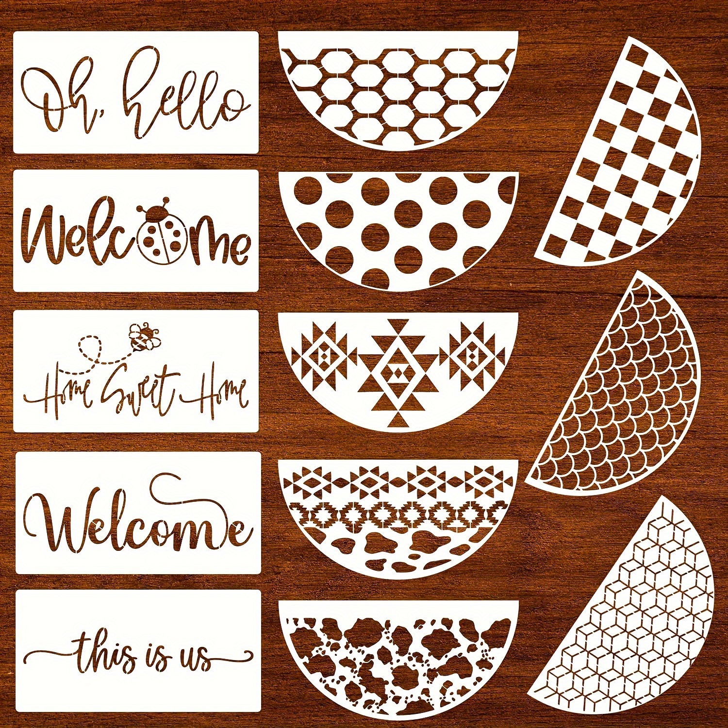 

Welcome Stencils Set - 13pcs Cow Print, Boho, Checker & Honeycomb Painting Templates For Wood Sign & Porch Decor