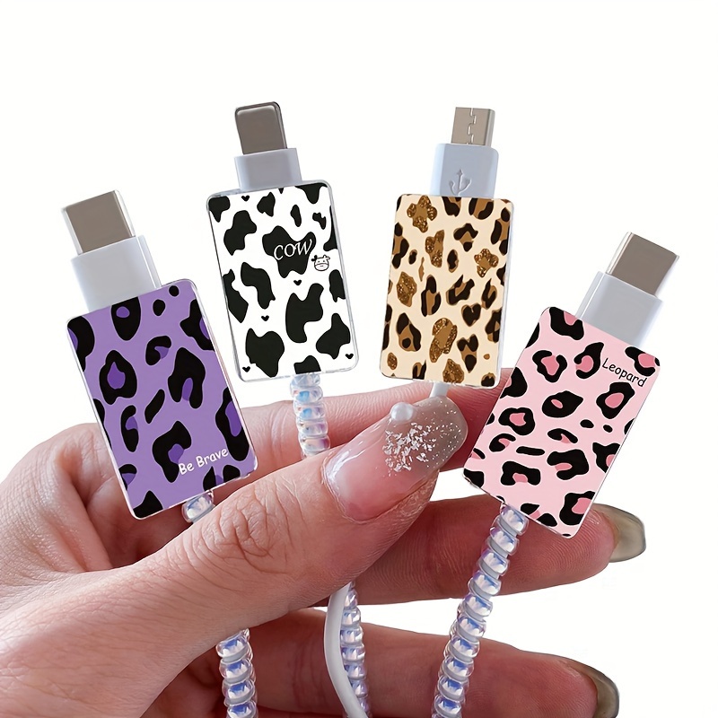 

Ensemble de 4 pièces à Imprimé Léopard Adapté pour Fixation de Câble de Charge de Téléphone Portable Apple IOS, Housse de Protection, Câble de Données Anti-Casse, Fruits et Fleurs Mignons