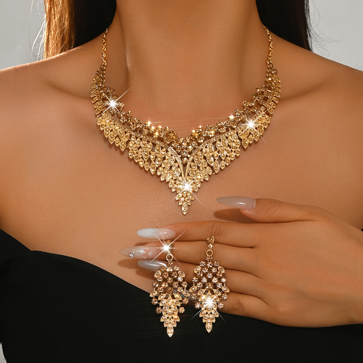TEMU 2pcs Party Jewelry Set, Alloy Rhinestone Necklace Earrings, Women's Jewelry Set, Women' Additions, Suitable For Anniversaries, Celebrations, And