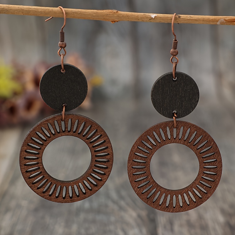 Image of A Pair Of Hollow Round Ring Bohemian Style Wooden Earrings With Circular Wood Pieces
