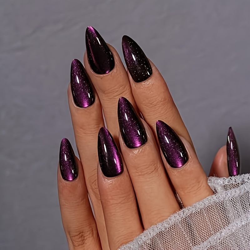 Image of Medium Maroon Almond Press-on Fake Nails, Reusable Multicolor Cat Eye Press-on Fake Nails - 24pcs, Suitable For Women's Gifts