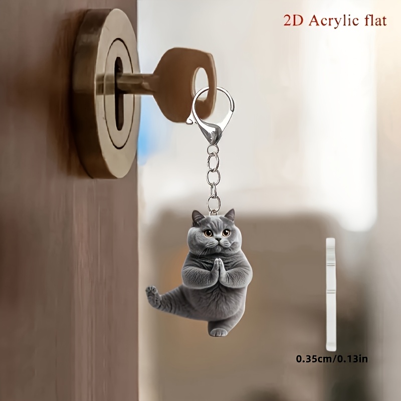 2d Flat, 1pc Cute Yoga Cat Acrylic Keychain - Gray Cartoon Design With , Perfect For Backpacks, Car Keys, And Holiday Decor, Ideal Gift For Cat Lovers, Cat Accessories, 2d Flat