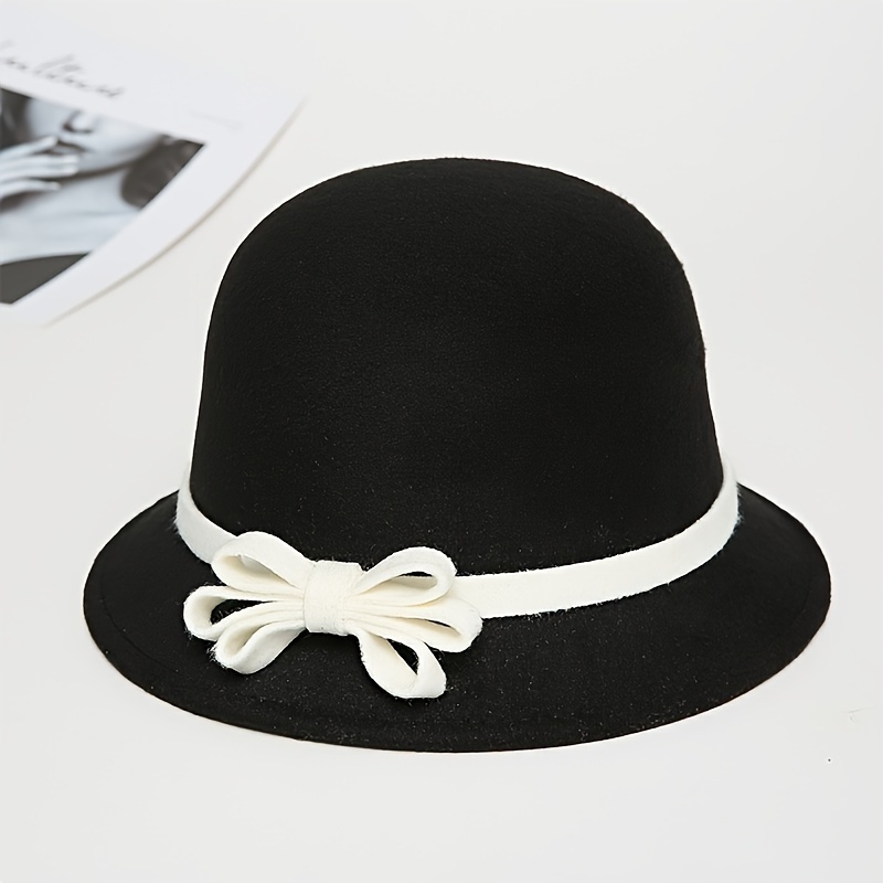 TEMU 1pc Fashionable Elegant Top Hat, Black And White Bow Round Top Hat, Women's Autumn Winter Casual Fashion Versatile Bucket Hat, Mom And Senior