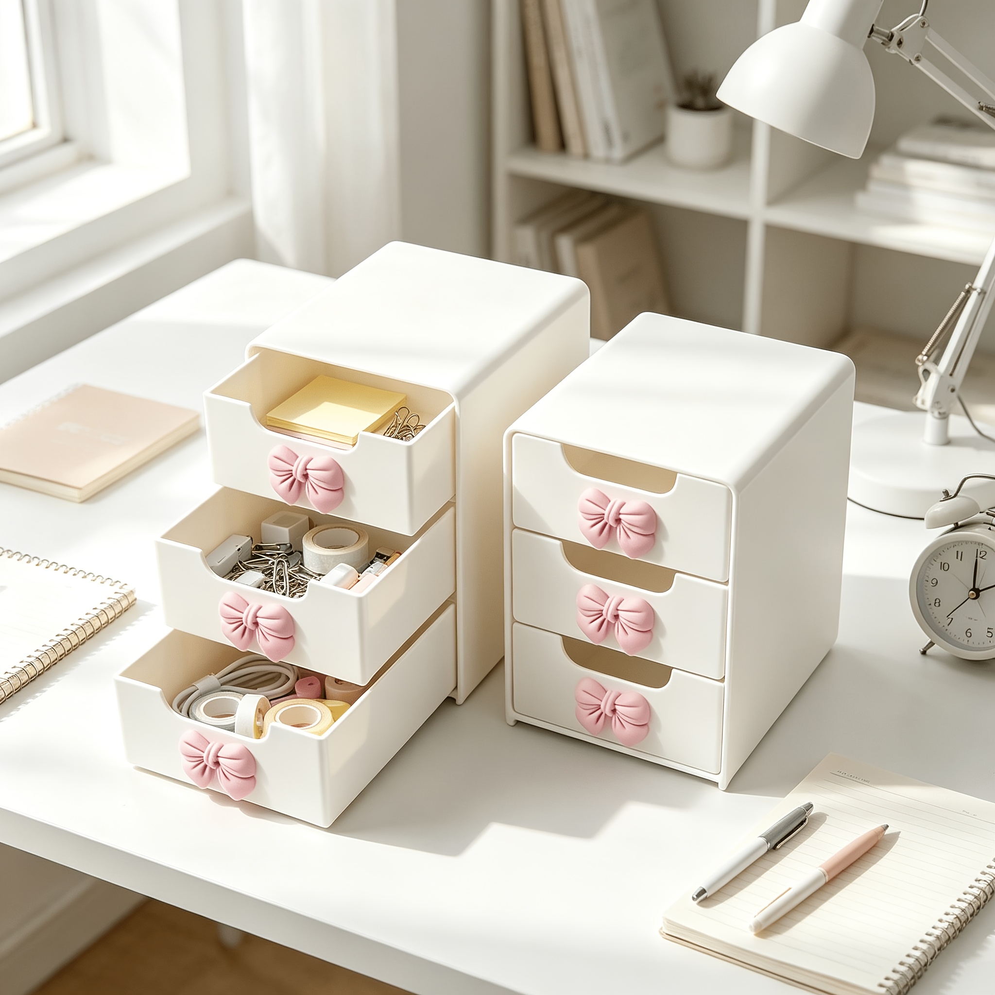 TEMU Organisateur de rangement blanc à tiroirs avec poignée de nœud rose, meuble de rangement à niveaux pour cosmétiques et bijoux, boîte