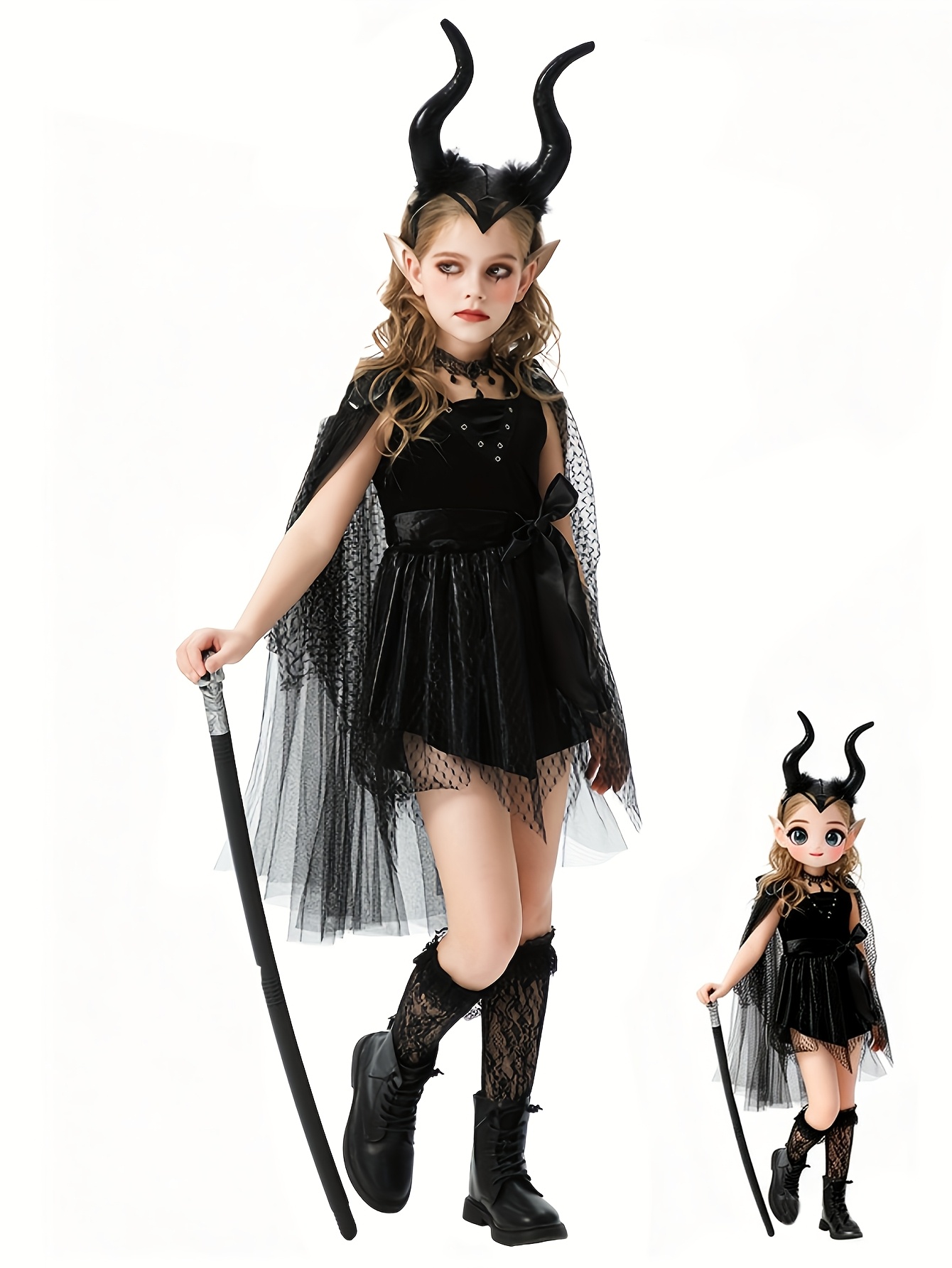 sachin and babi light blue dress 4pcs Gothic * Set for Girls: Devil Witch Halloween Christmas * * Evil Fairy  * + Two Belts + Lace Calf Stockings, Black Witch Dress for Girls Carnival *  Dresses for Thanksgiving Gifts