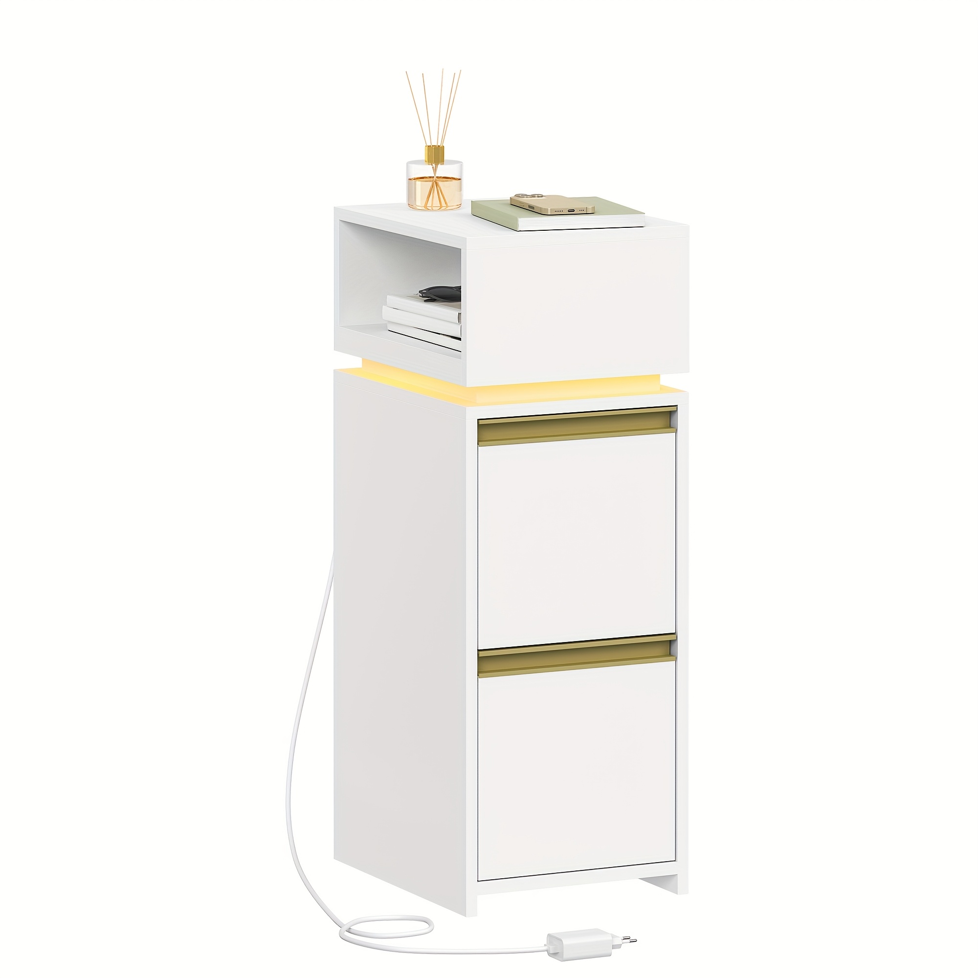 TEMU Mesita de Noche Estrecha, Mesita de Noche con 2 Cajones y 1 Compartimento Abierto, Mesita de Noche para Dormitorio, Mesa Auxiliar, para
