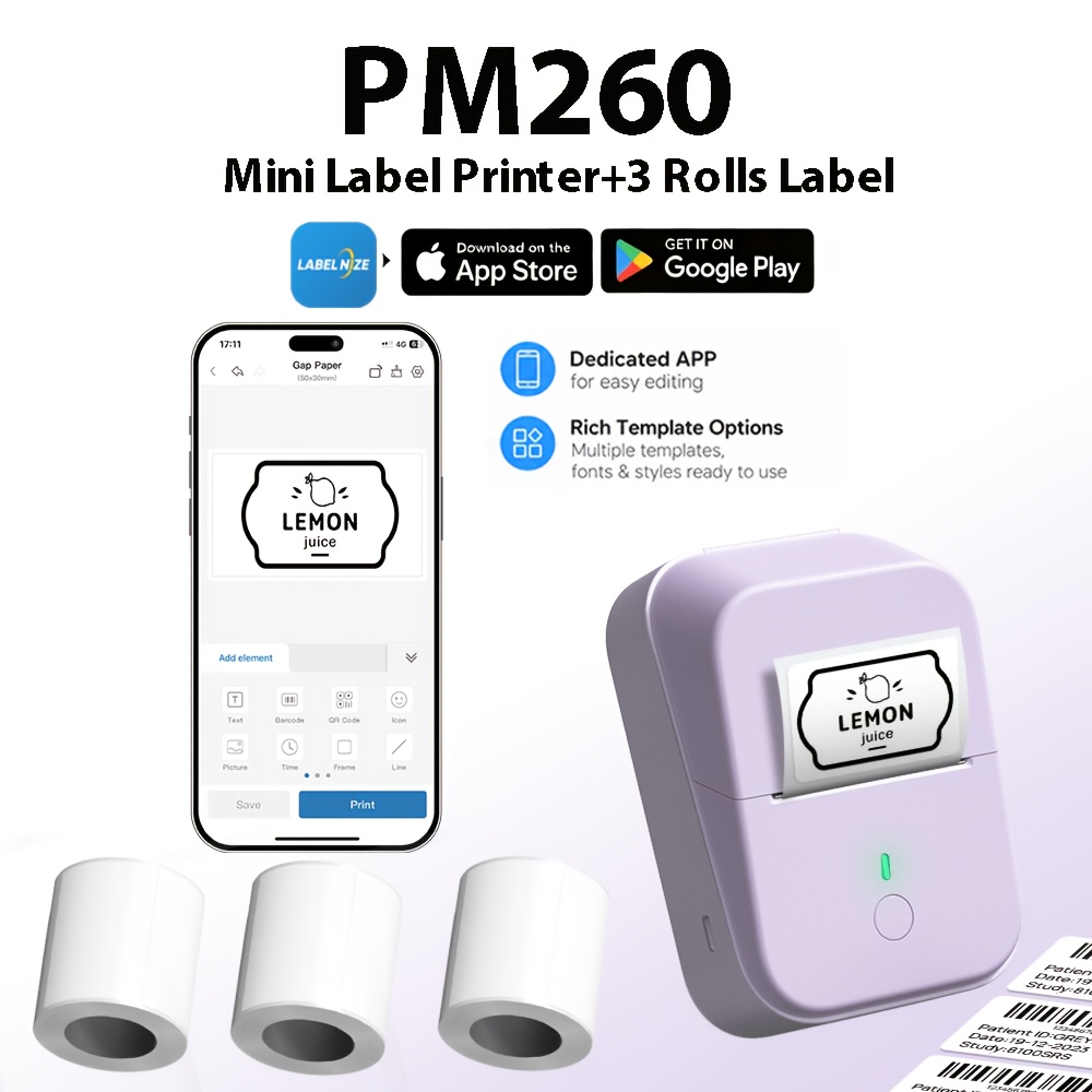 Image of Pm260 Portable Thermal Label Printer Suitable For Office, Usb/wireless Wireless Printer With 3 Paper Rolls, 203dpi Label Maker For Inventory, Barcode Printing, Compatible For Smartphones Tablets Pc