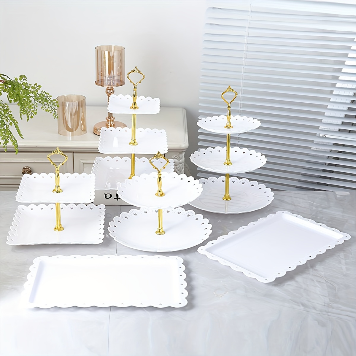 TEMU Juego de 6 soportes para cupcakes de 3 niveles, soportes para postres escalonados, soportes para pasteles - discos blancos para ceremonias de té, , recepciones ceremoniales, servicio de buffet