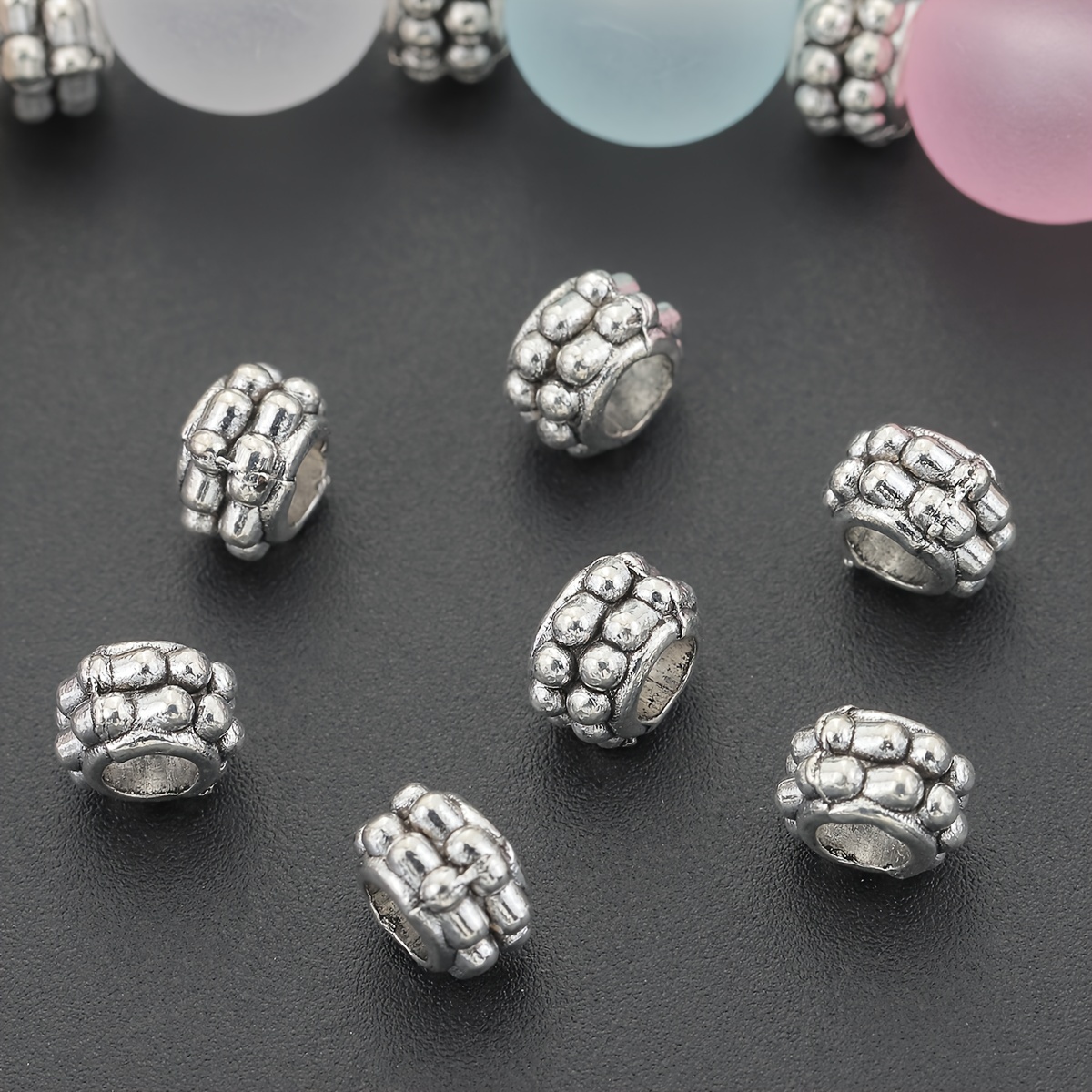 

50pcs Antique Silvery Large Hole Alloy Spacer Beads - Round Loose Beads For Making, Handcrafted Bracelets & Necklaces Accessories