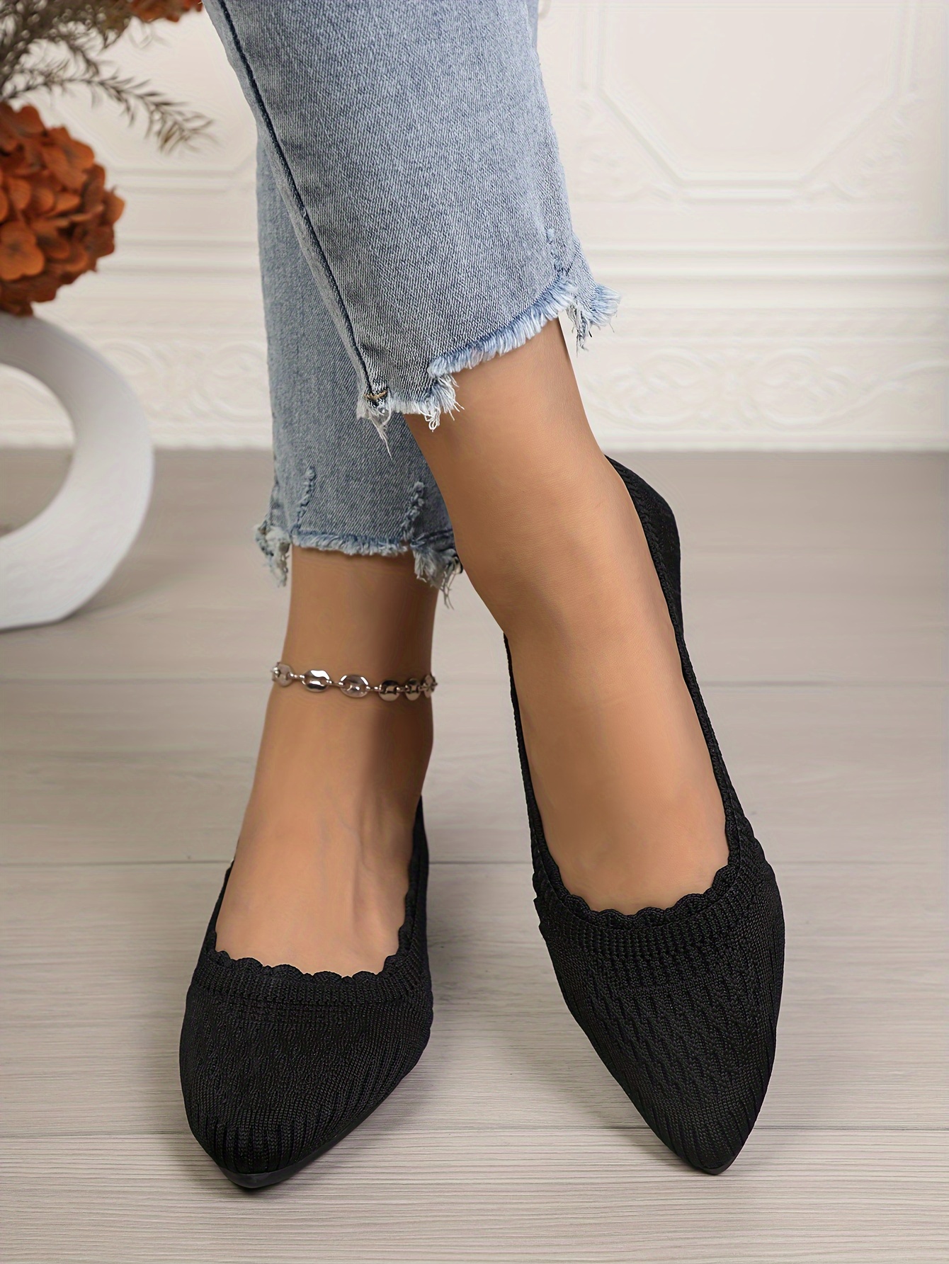 Women'S Elegant Fabric Pointed Toe Flats Breathable Slip-On Shoes with  Strap Detail, Navy Blue and Brown Options Casual