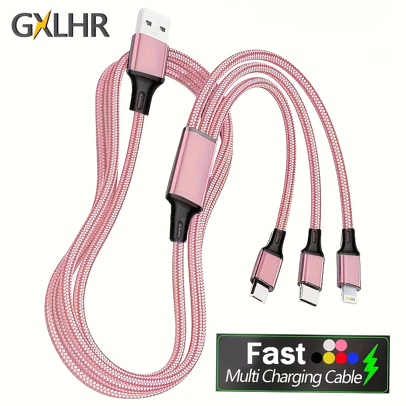 GXLHR 1 unidad de cable trenzado de nailon uno a tres, cable de datos móvil, línea de carga rápida USB, disponible en múltiples colores (Dorado/Rosa/Rojo/Azul/Plateado/Negro)