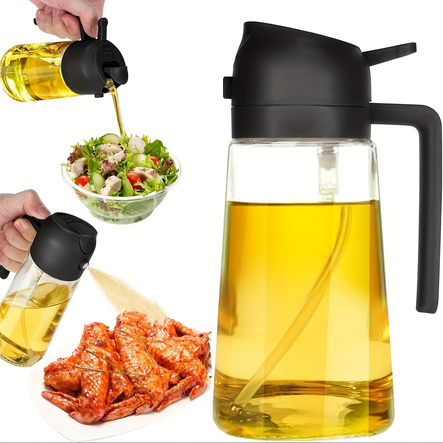 

Bpa-free Glass Oil Dispenser Bottle 470ml - Round Hand-wash Olive Oil & Vinegar Sprayer 2-in-1 With Anti-clog Filter And Gravity Lid For Cooking, Baking, Grilling, Salads