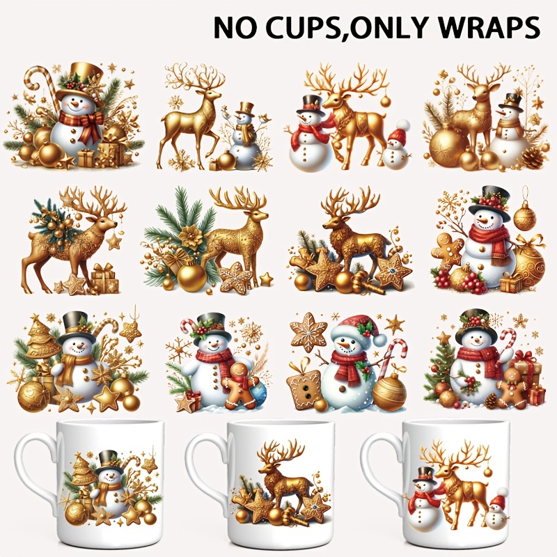 TEMU 12pcs/set Of Golden Christmas Reindeer And Snowman Themed Design, Uv Dtf Heat Transfer Stickers, Cartoon Patterns, High Quality And Scratch