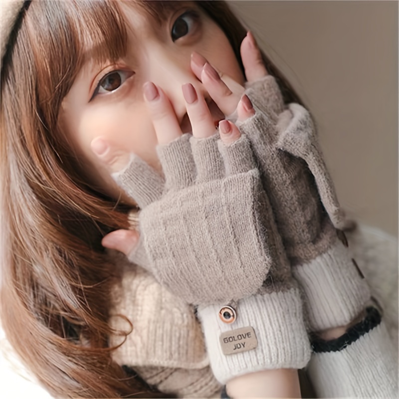 

1 Pair Women's Half-finger Flip Gloves, Knitted Fabric, High , Warm Fingerless Office And Travel Gloves, With Hand Wash Only, For Fall/winter