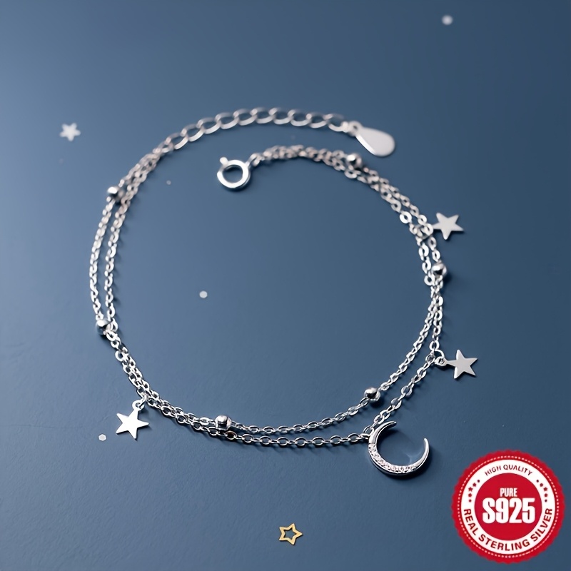TEMU Sterling Silvery 925 Double Layered Star And Moon Charm Bracelet - Bohemian And Hip-hop Inspired, Perfect For Daily Wear And Parties, Stylish