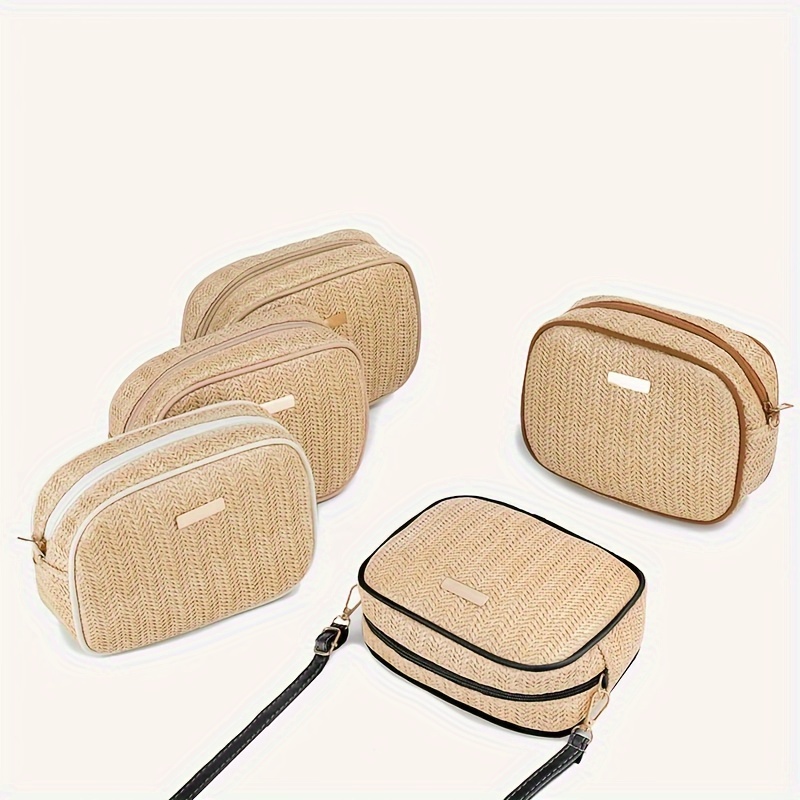 

Fashion Casual Woven Square Bag, Crossbody Straw Purse, Simple Style, Zip Closure With Adjustable Strap