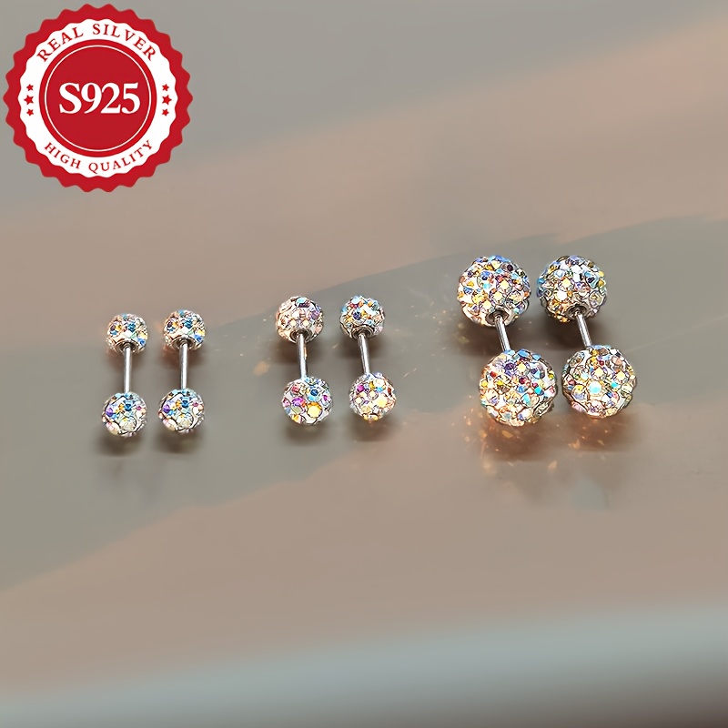 Set, Argint S925, Cercei Sferici Iridescenti Stralucitori, Hipoalergenici, 3Mm (1.4G) 4Mm (1.52G) 5Mm (1.81G)