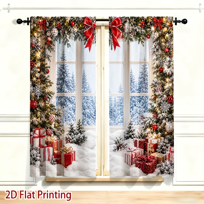 TEMU 2d Flat, 2pcs 2d Flat Printing Christmas Window Scene Winter View Printed Curtains, Soft Light, Privacy Protection, Rod Pocket Installation,